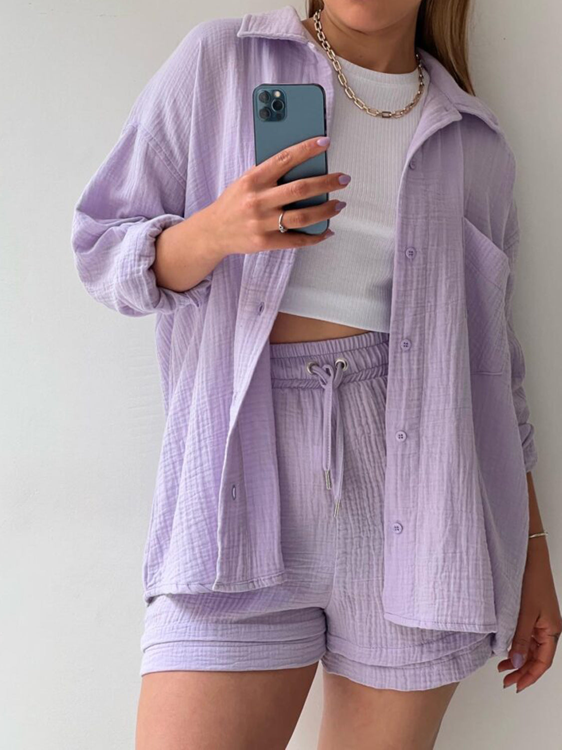 Texture Button Up Shirt and Drawstring Shorts Set - MONLANE