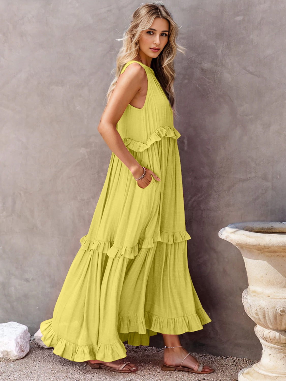 Ruffled Sleeveless Tiered Maxi Dress with Pockets - MONLANE