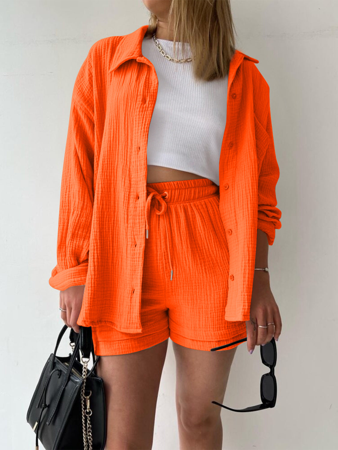 Texture Button Up Shirt and Drawstring Shorts Set - MONLANE