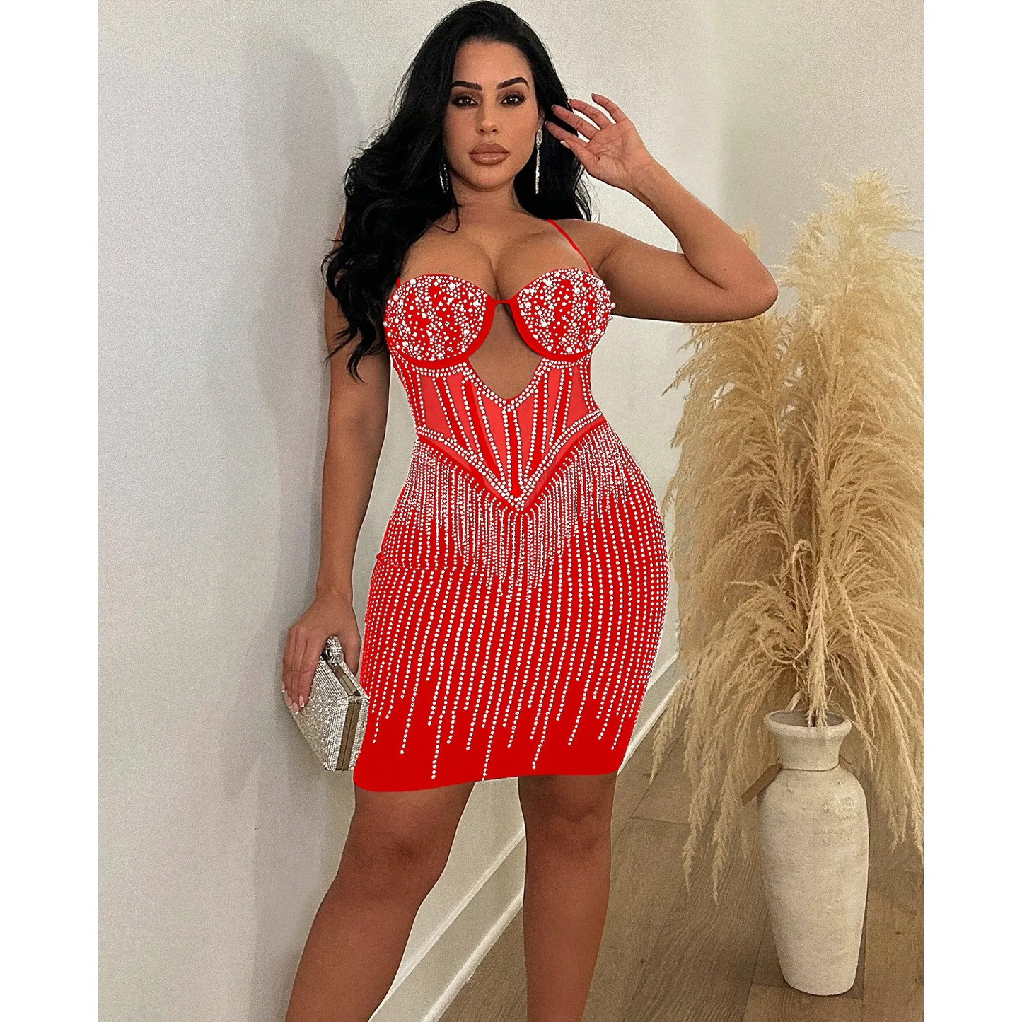 Solid Colour Diamond Strap Short Dress