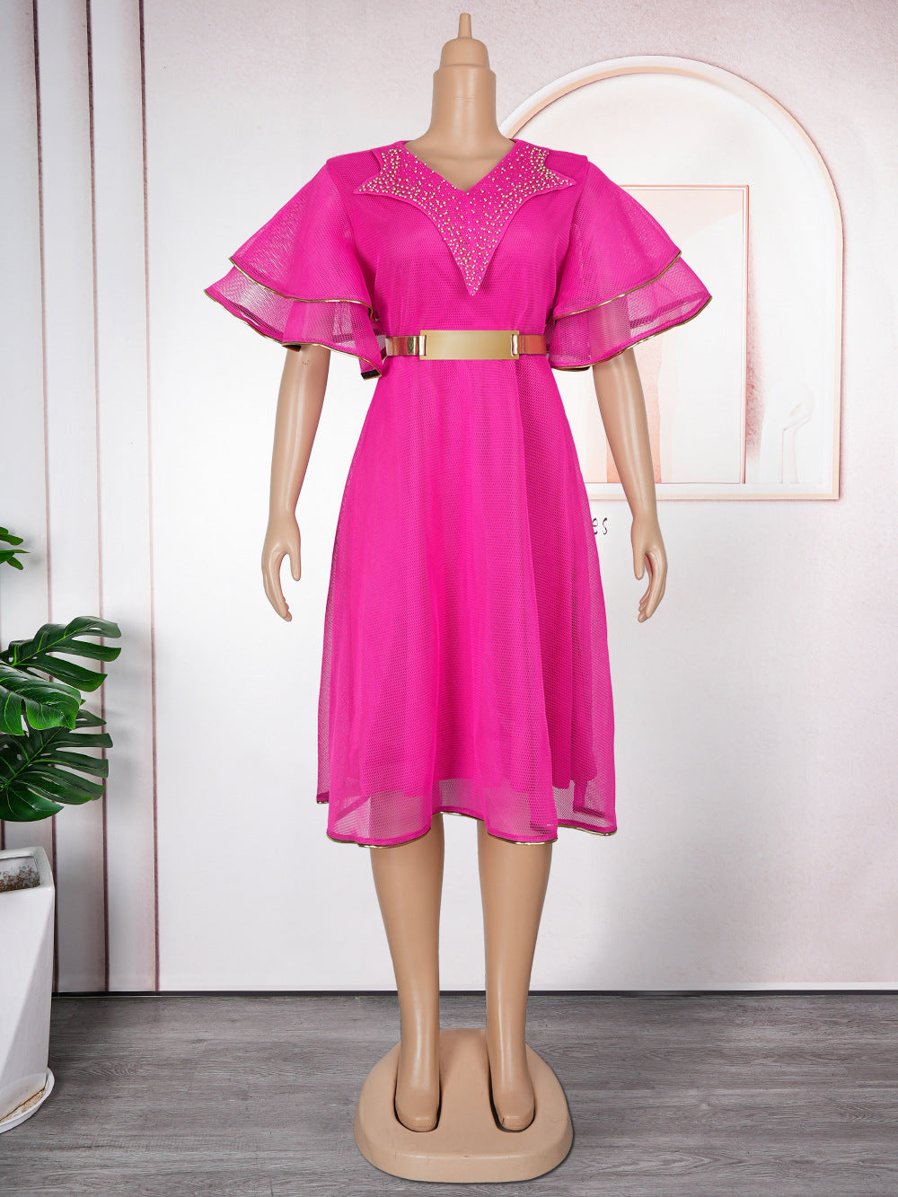 V-neck Bubble Bead Dress with Belt