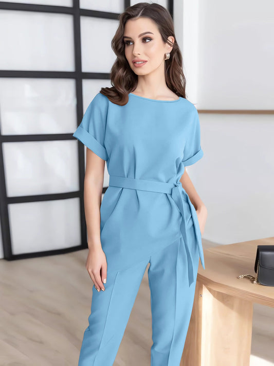 Round Neck Short Sleeve Top and Pants Set - MONLANE