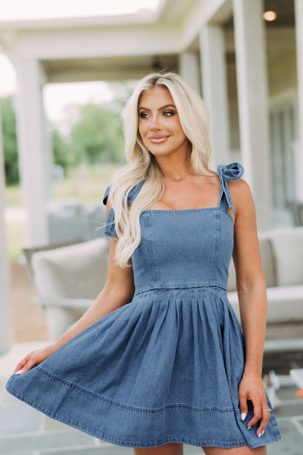Square Neck Tie Shoulder Denim Dress - MONLANE