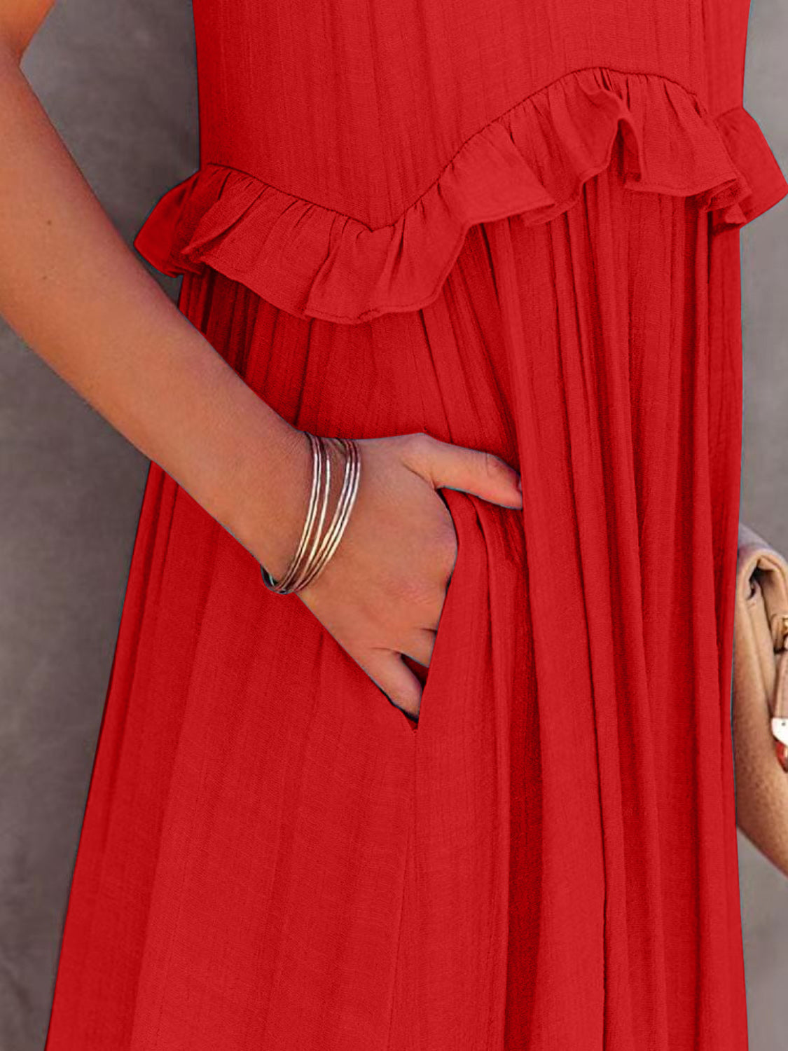 Ruffled Sleeveless Tiered Maxi Dress with Pockets - MONLANE