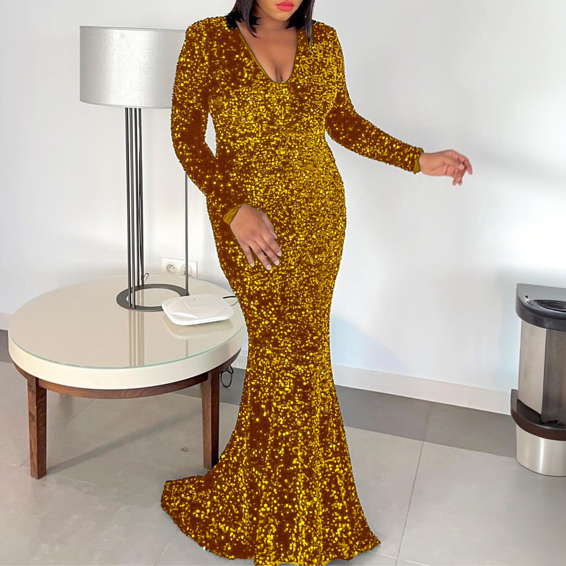Long Sleeve Round Neck Sequins Mesh Fishtail Evening Dress main image 0
