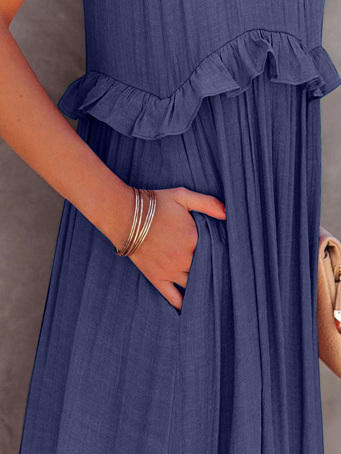 Ruffled Sleeveless Tiered Maxi Dress with Pockets - MONLANE