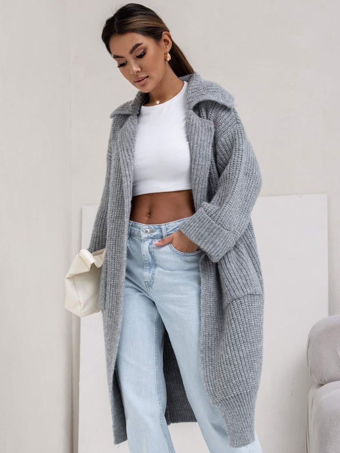 Pocketed Dropped Shoulder Cardigan