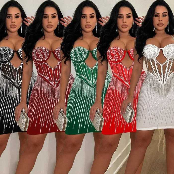 Solid Colour Diamond Strap Short Dress