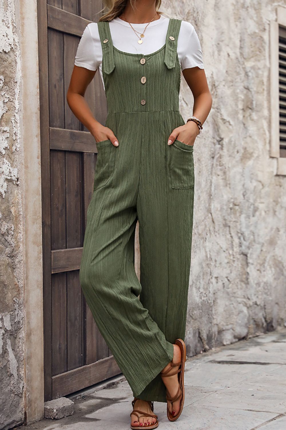 Textured Pocketed Wide Strap Overalls - MONLANE