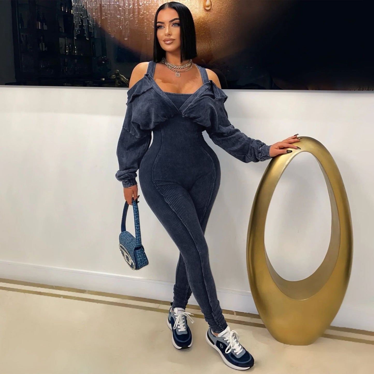 off shoulder tight jumpsuit