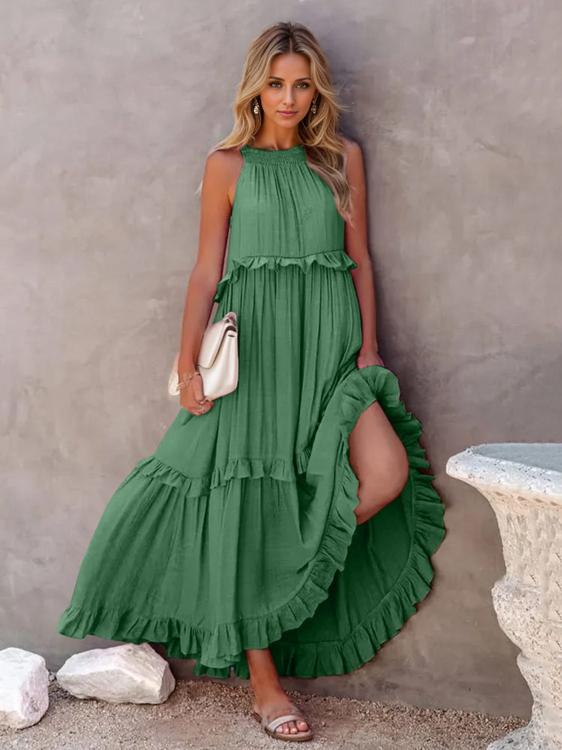 Ruffled Sleeveless Tiered Maxi Dress with Pockets - MONLANE