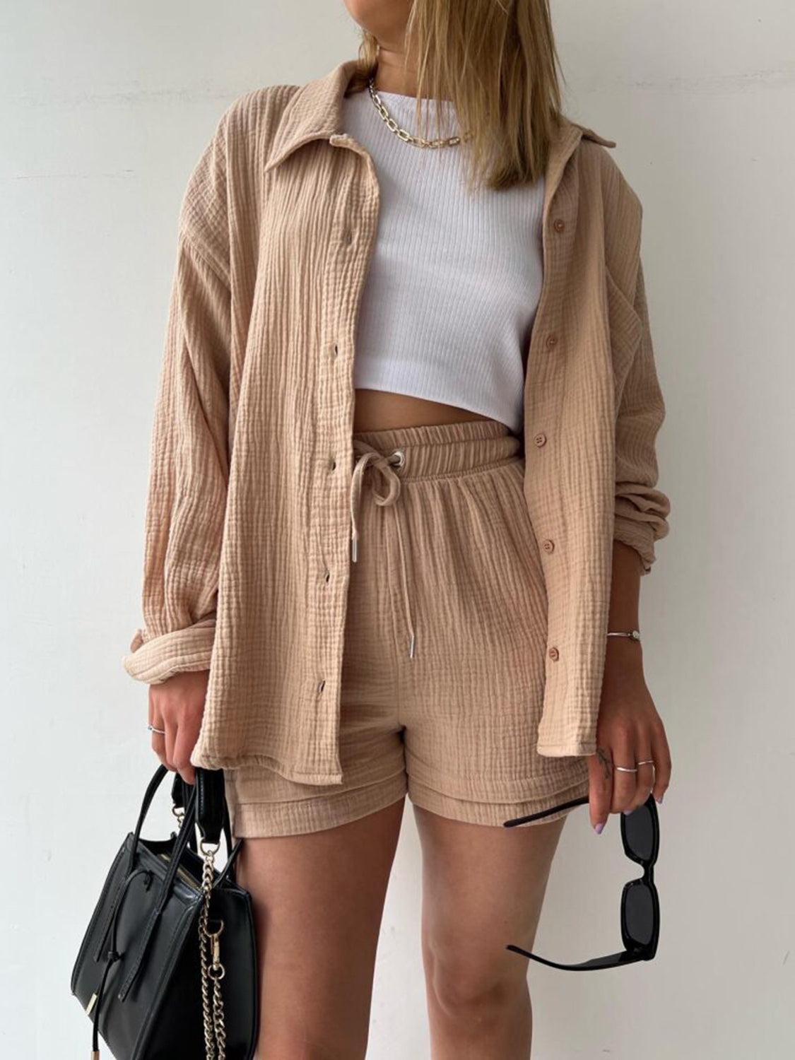 Texture Button Up Shirt and Drawstring Shorts Set - MONLANE