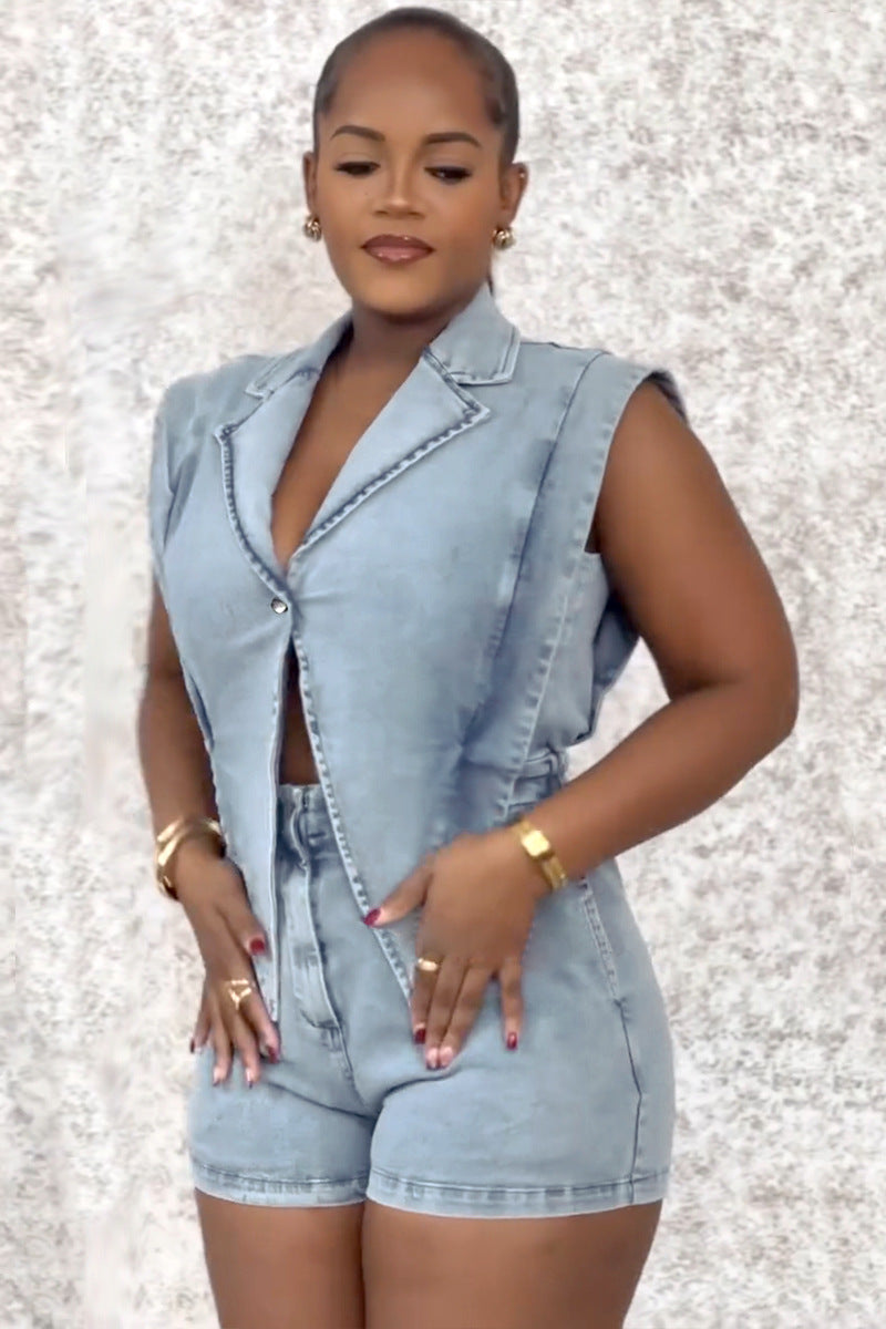 Washed Loose Short Denim Jumpsuit