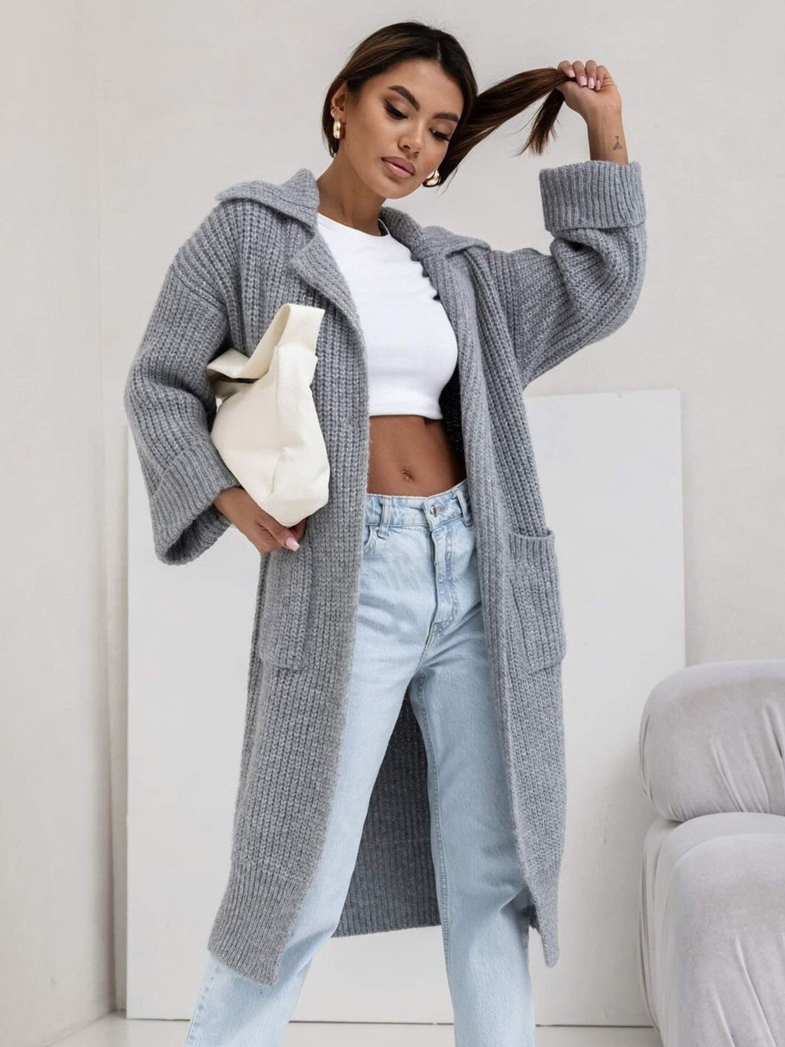 Pocketed Dropped Shoulder Cardigan