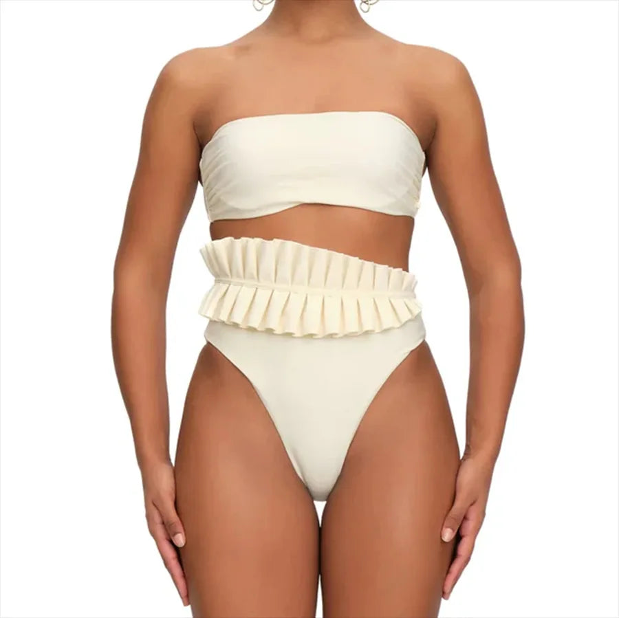 White One Shoulder Ruffle Bikini Set