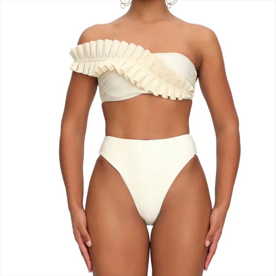 White One Shoulder Ruffle Bikini Set