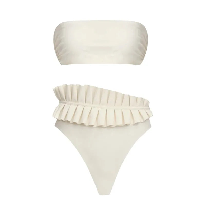 White One Shoulder Ruffle Bikini Set