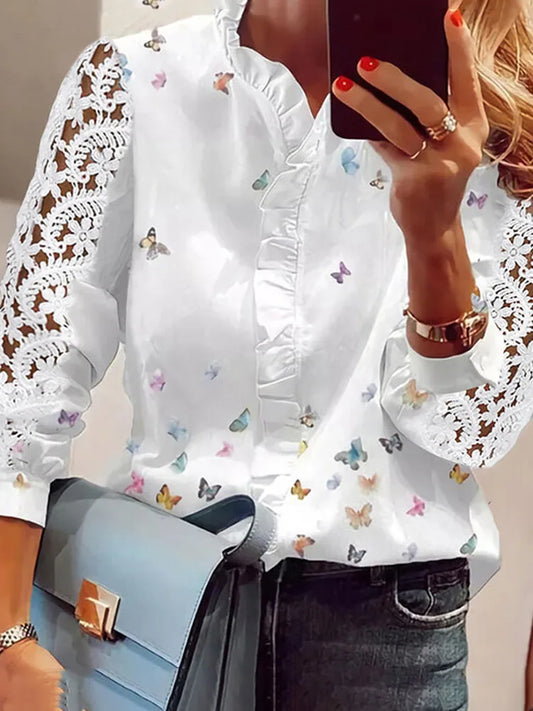 Elegant Long Sleeve Butterfly Print Top
