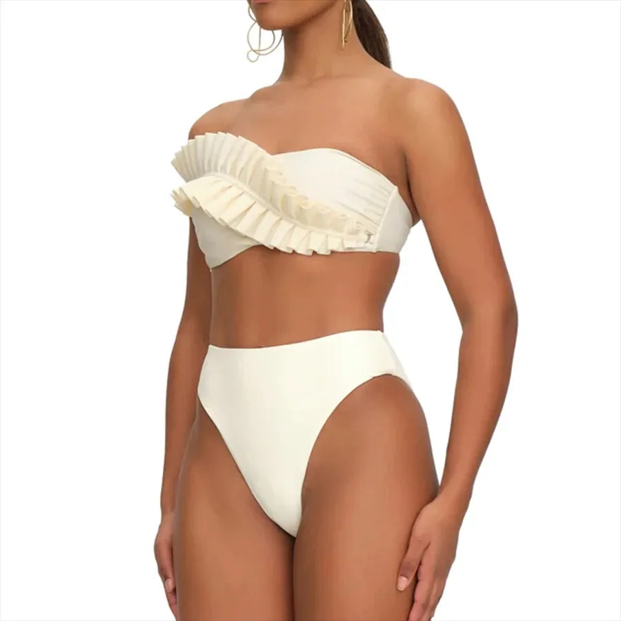 White One Shoulder Ruffle Bikini Set