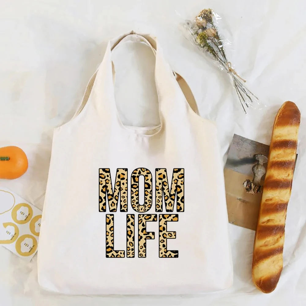 Mom Life Leopard Print Canvas Bag