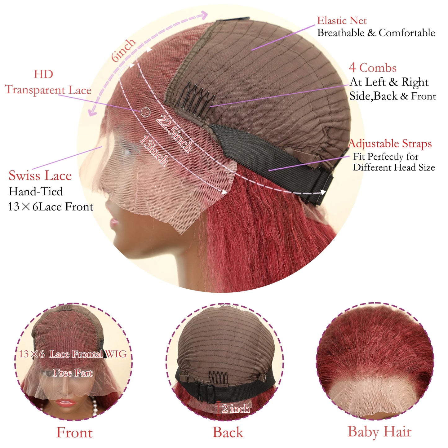 Burgundy Kinky Straight Lace Front Wig