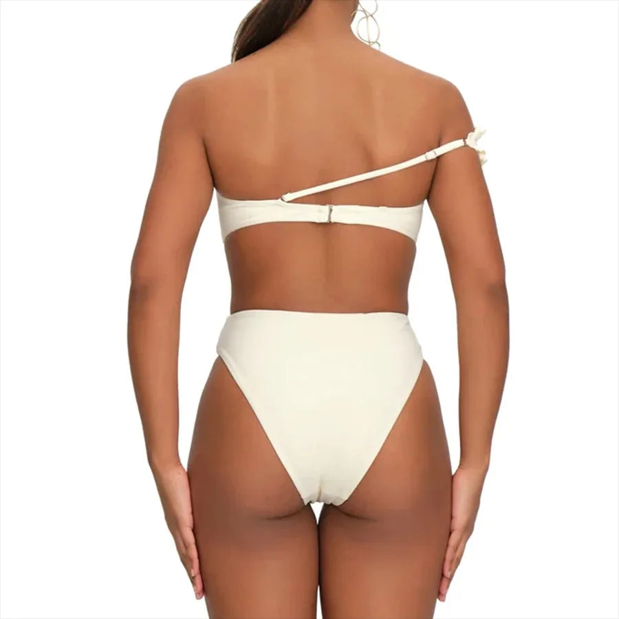 White One Shoulder Ruffle Bikini Set