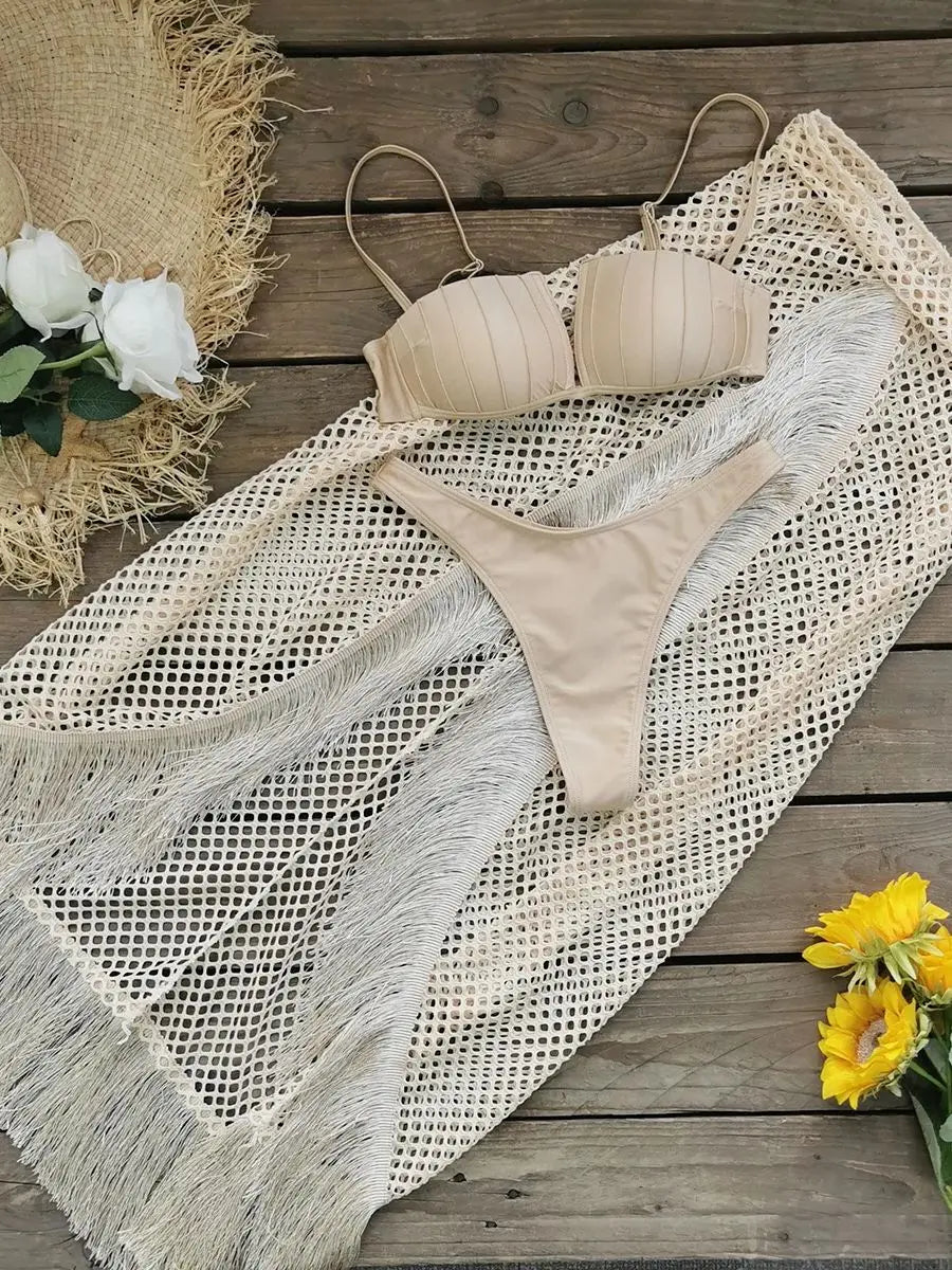 Sexy 3 Pcs Tassel Skirt Bikini Set