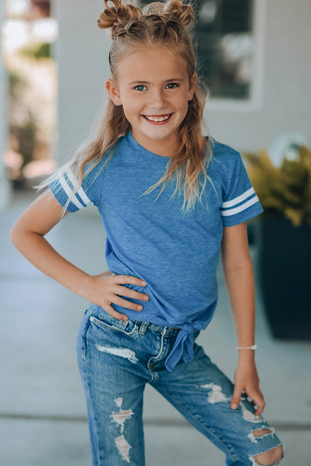 Girls Striped Tie Front T-Shirt - MONLANE