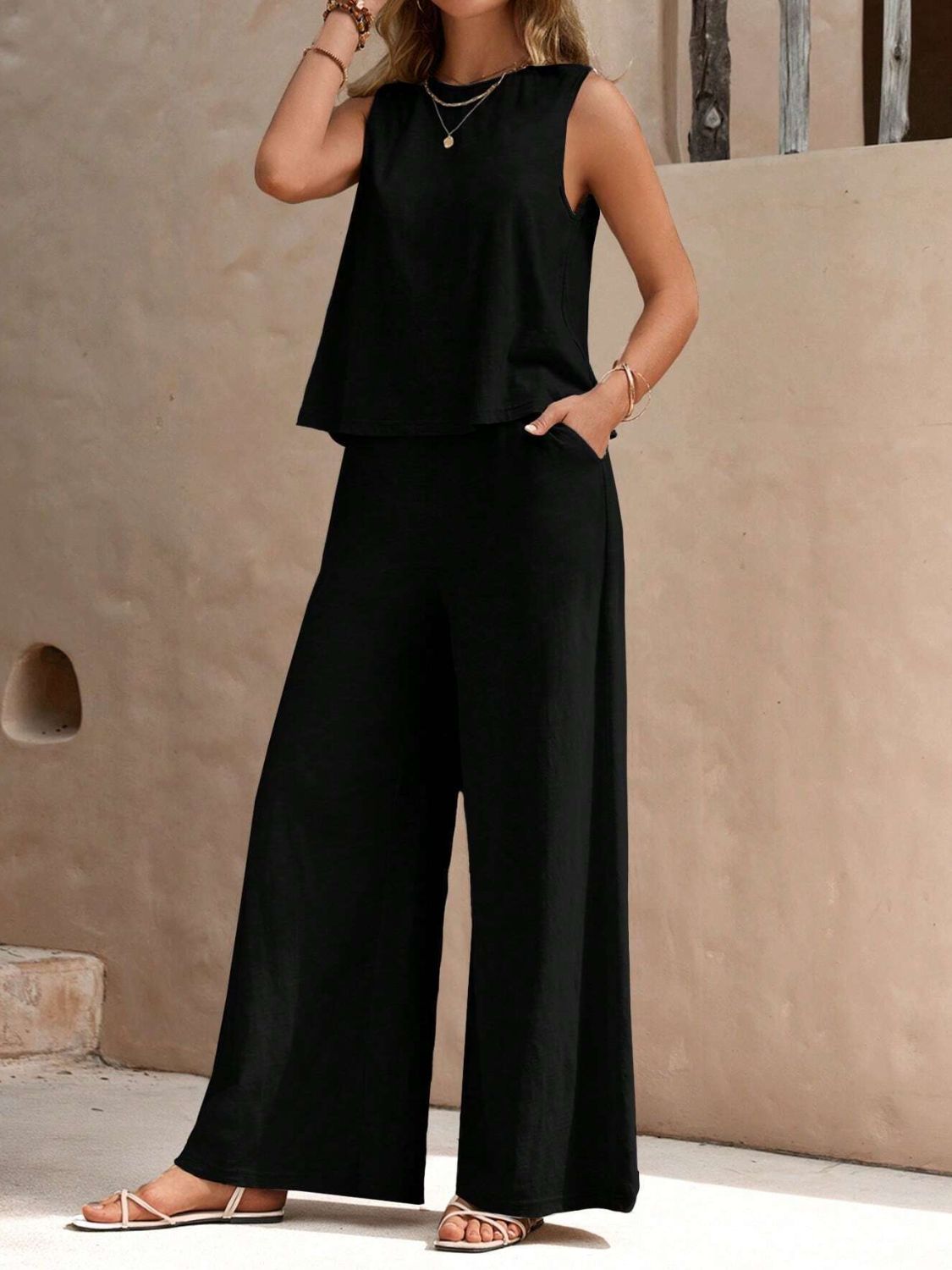 Sleeveless Top and Wide Leg Pants Set