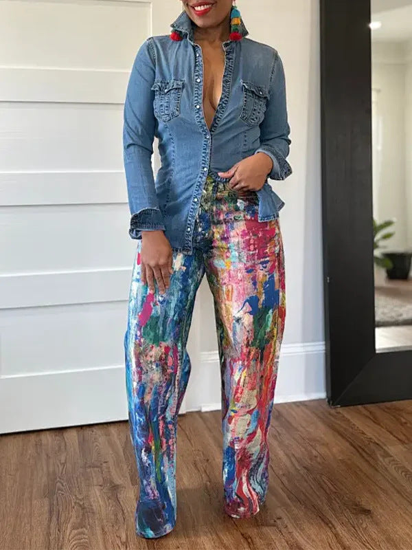 Straight Leg Elastic Denim Pants