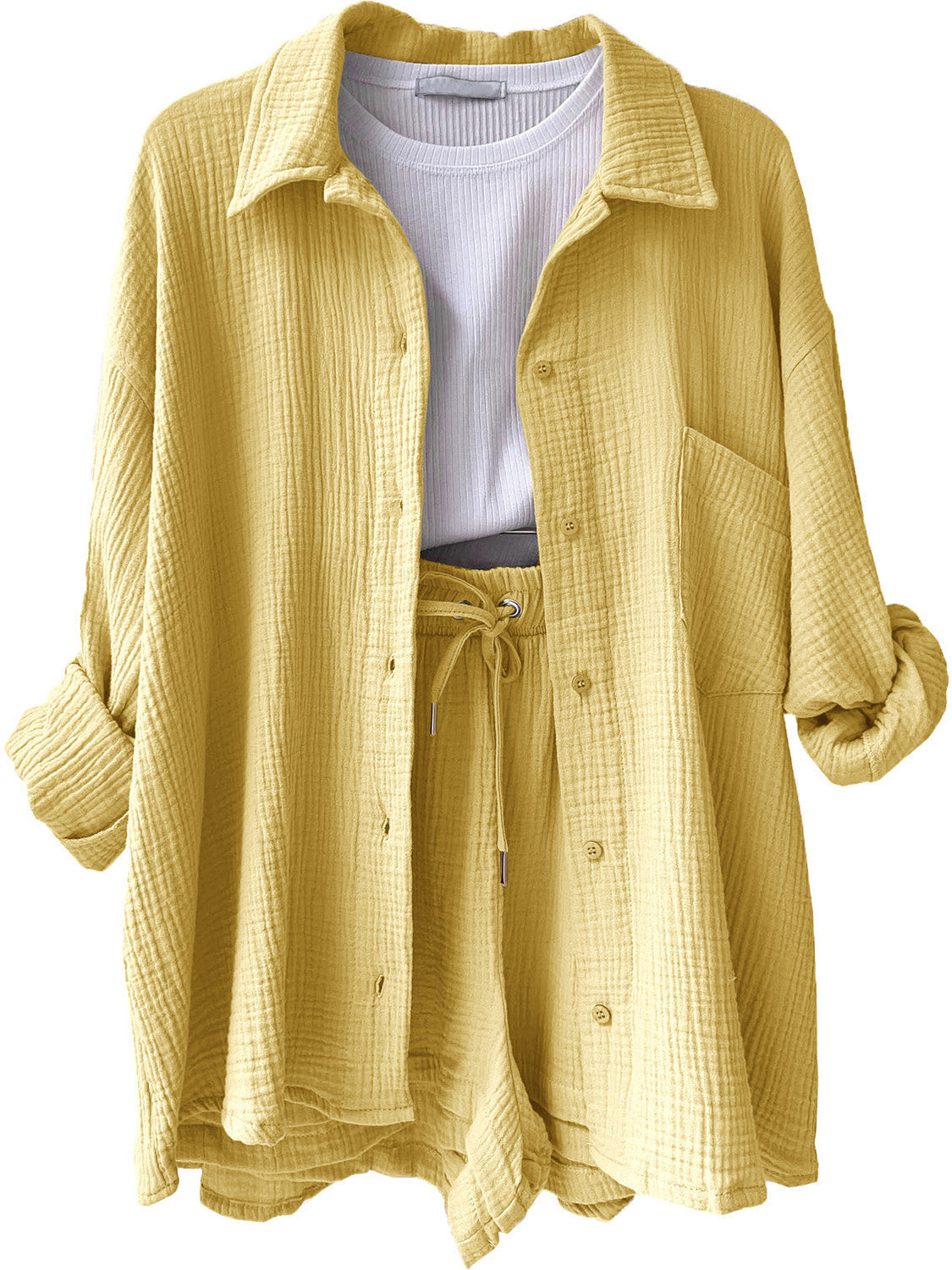 Texture Button Up Shirt and Drawstring Shorts Set - MONLANE