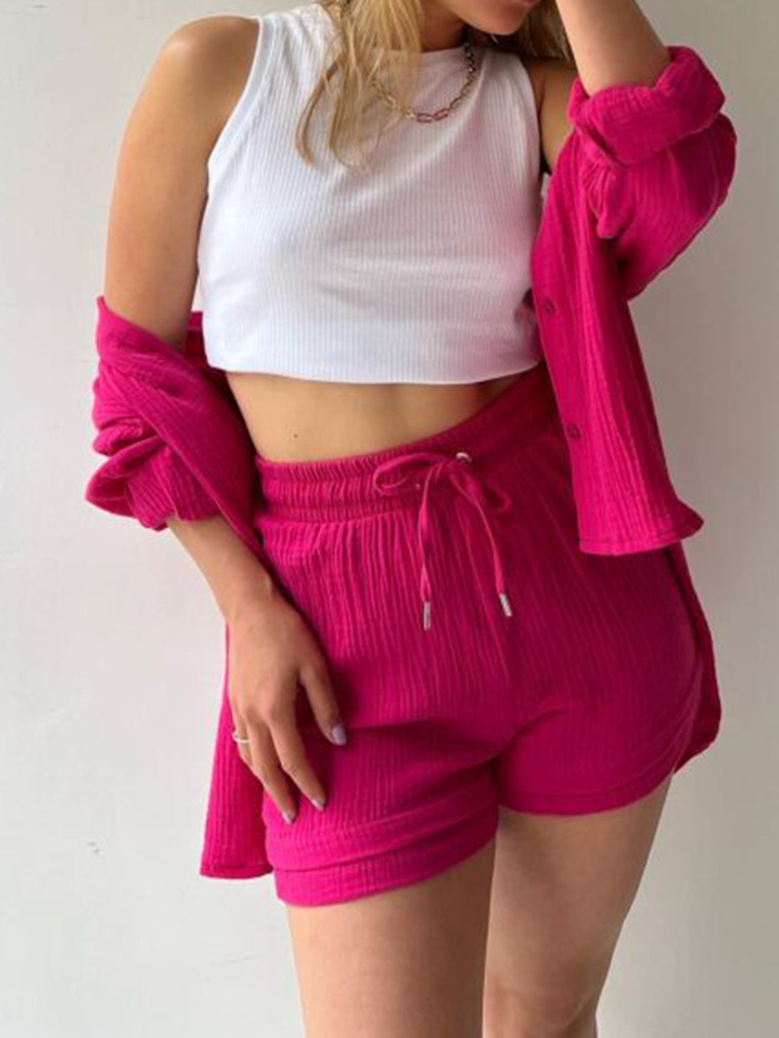 Texture Button Up Shirt and Drawstring Shorts Set - MONLANE