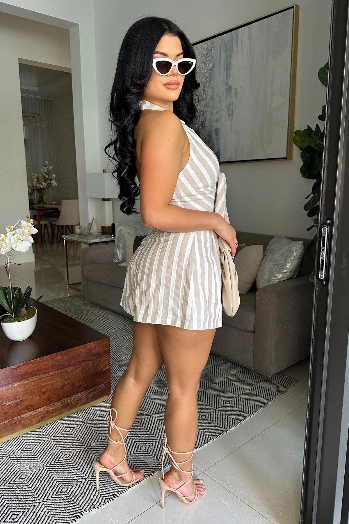 Neck Tied Striped Backless Jumpsuit