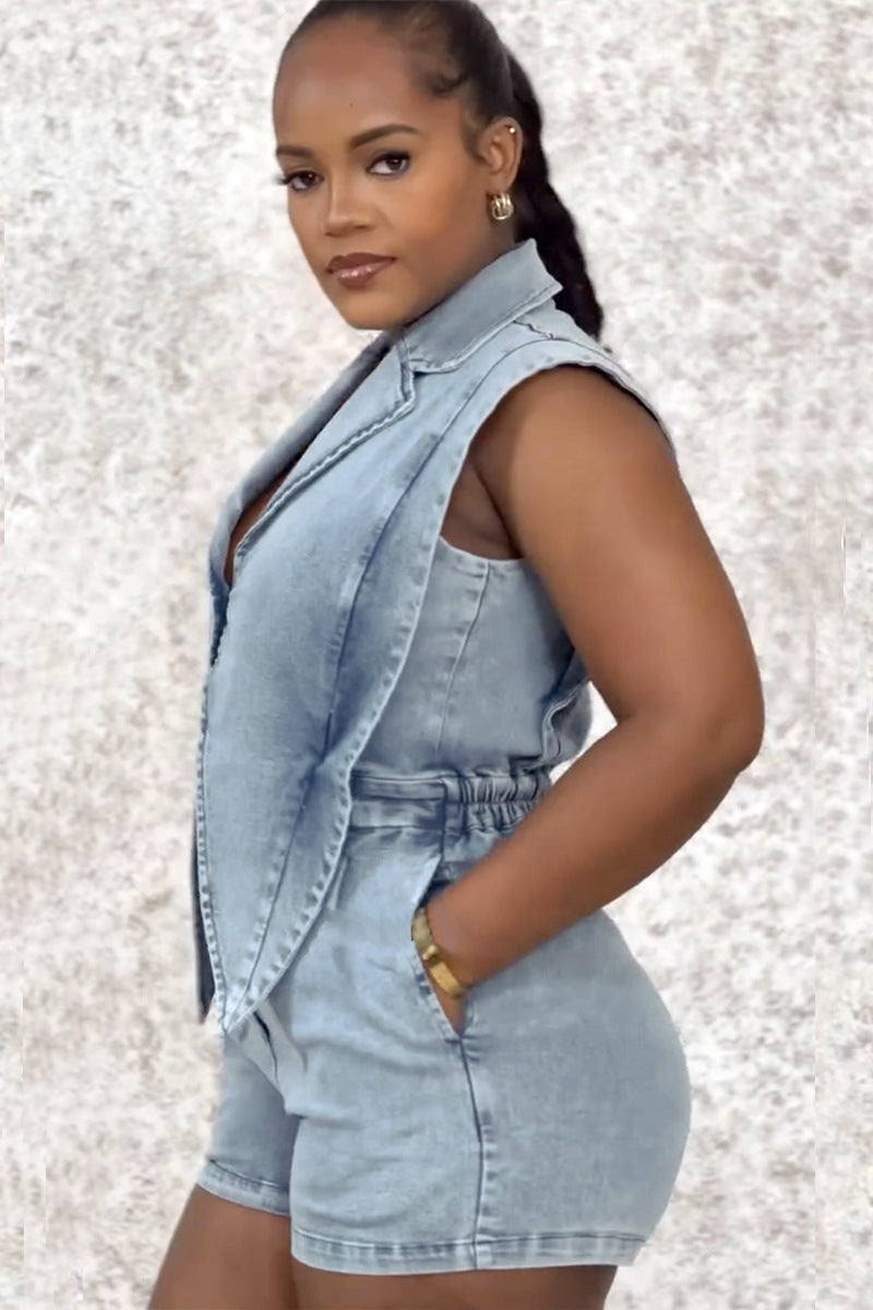 Washed Loose Short Denim Jumpsuit