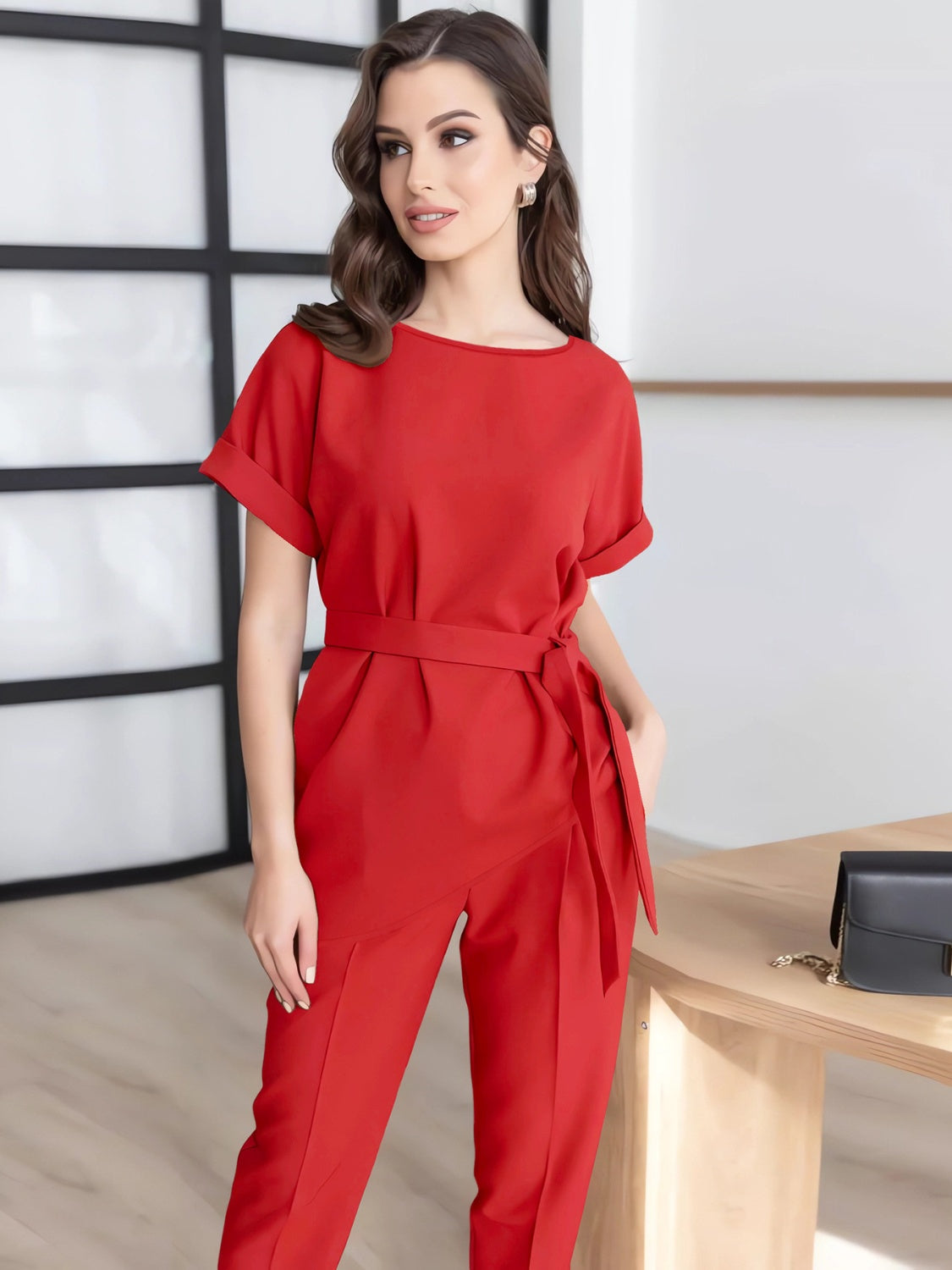 Round Neck Short Sleeve Top and Pants Set - MONLANE