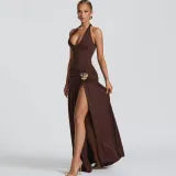 Backless Pleated Slit Dress