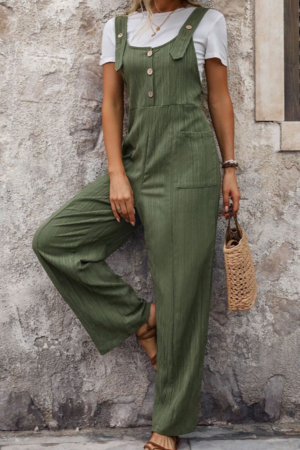 Textured Pocketed Wide Strap Overalls - MONLANE