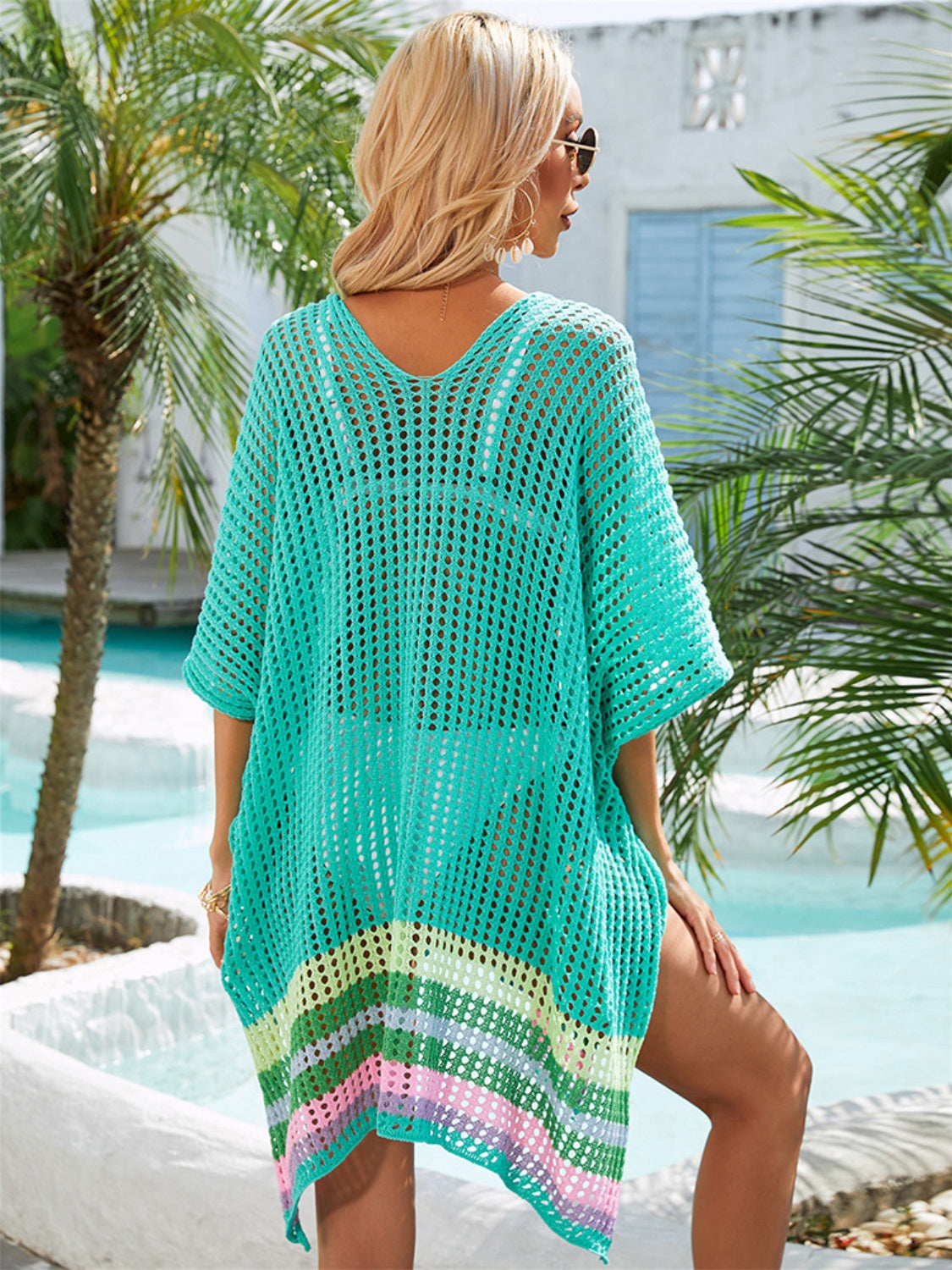 Slit Openwork V-Neck Half Sleeve Cover-Up - MONLANE