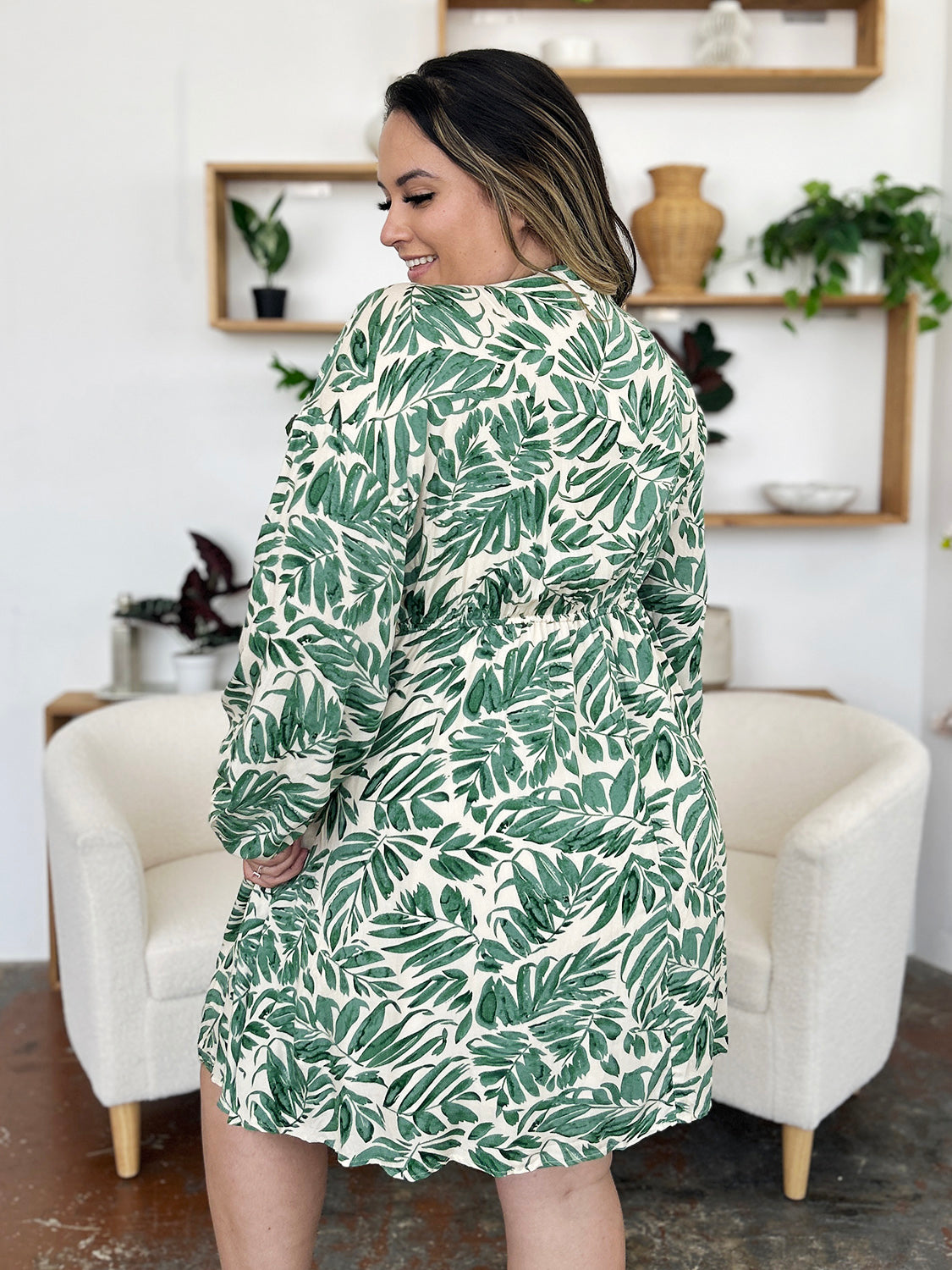 Printed Ruched Balloon Sleeve Dress