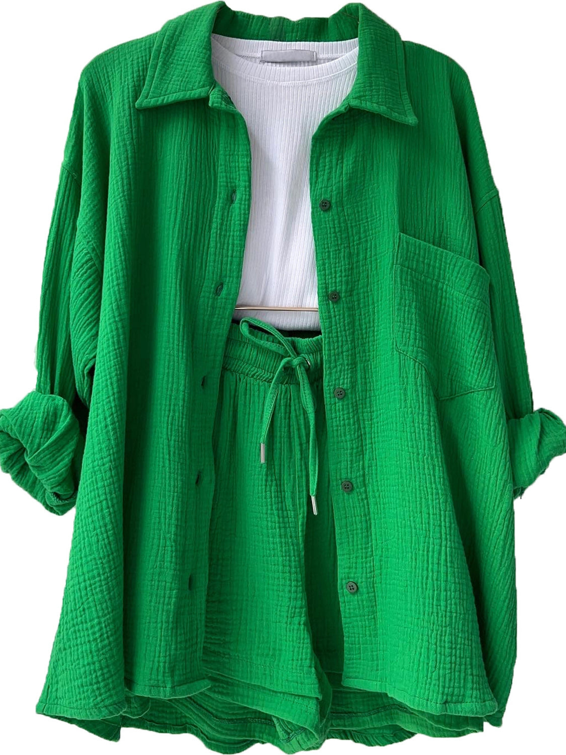 Texture Button Up Shirt and Drawstring Shorts Set - MONLANE
