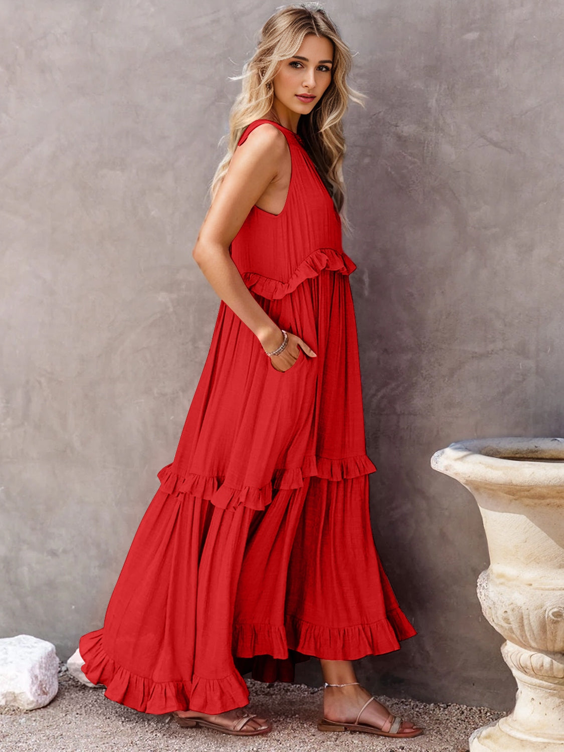 Ruffled Sleeveless Tiered Maxi Dress with Pockets - MONLANE