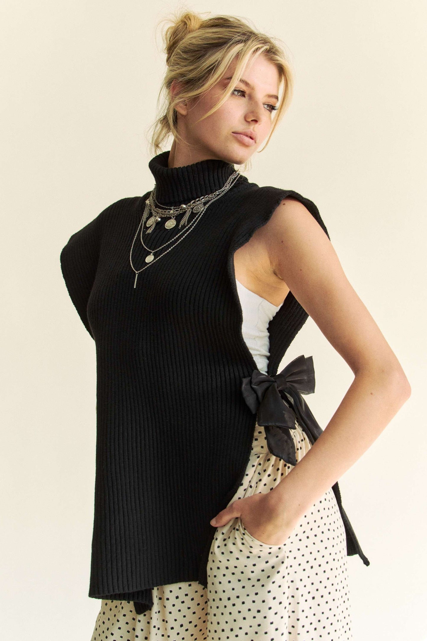Side Split Turtleneck Knit Top