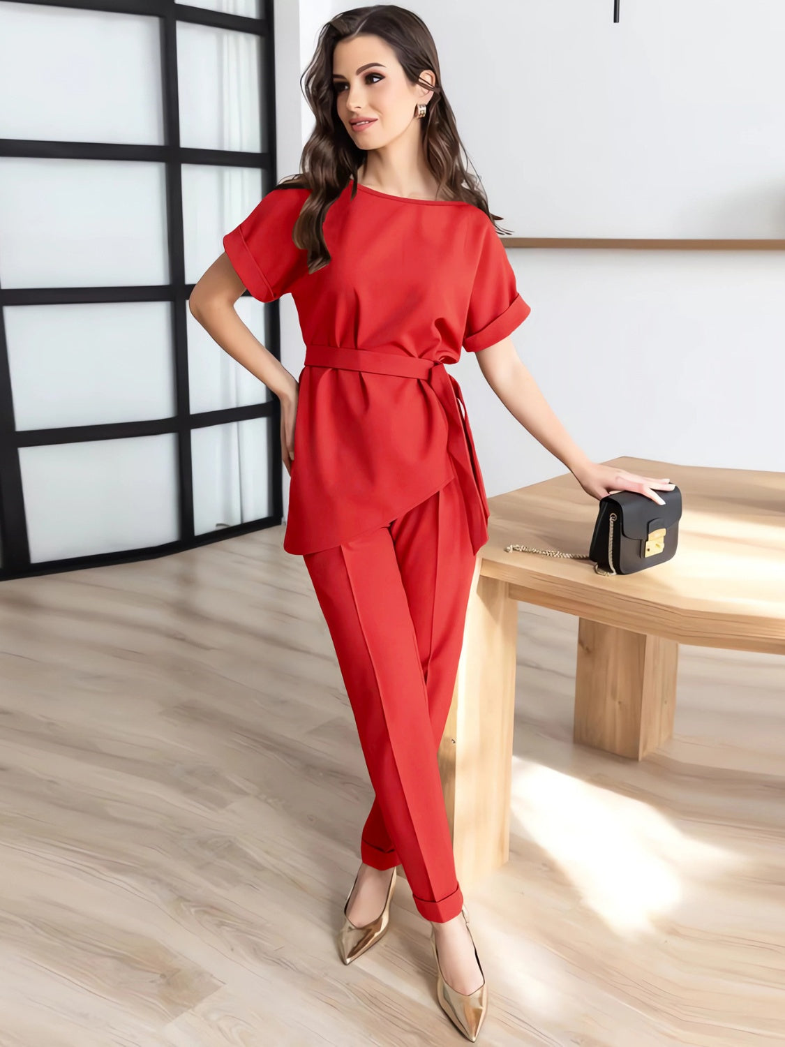 Round Neck Short Sleeve Top and Pants Set - MONLANE
