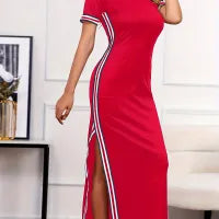 Stripe Design Short Sleeve Split Dress