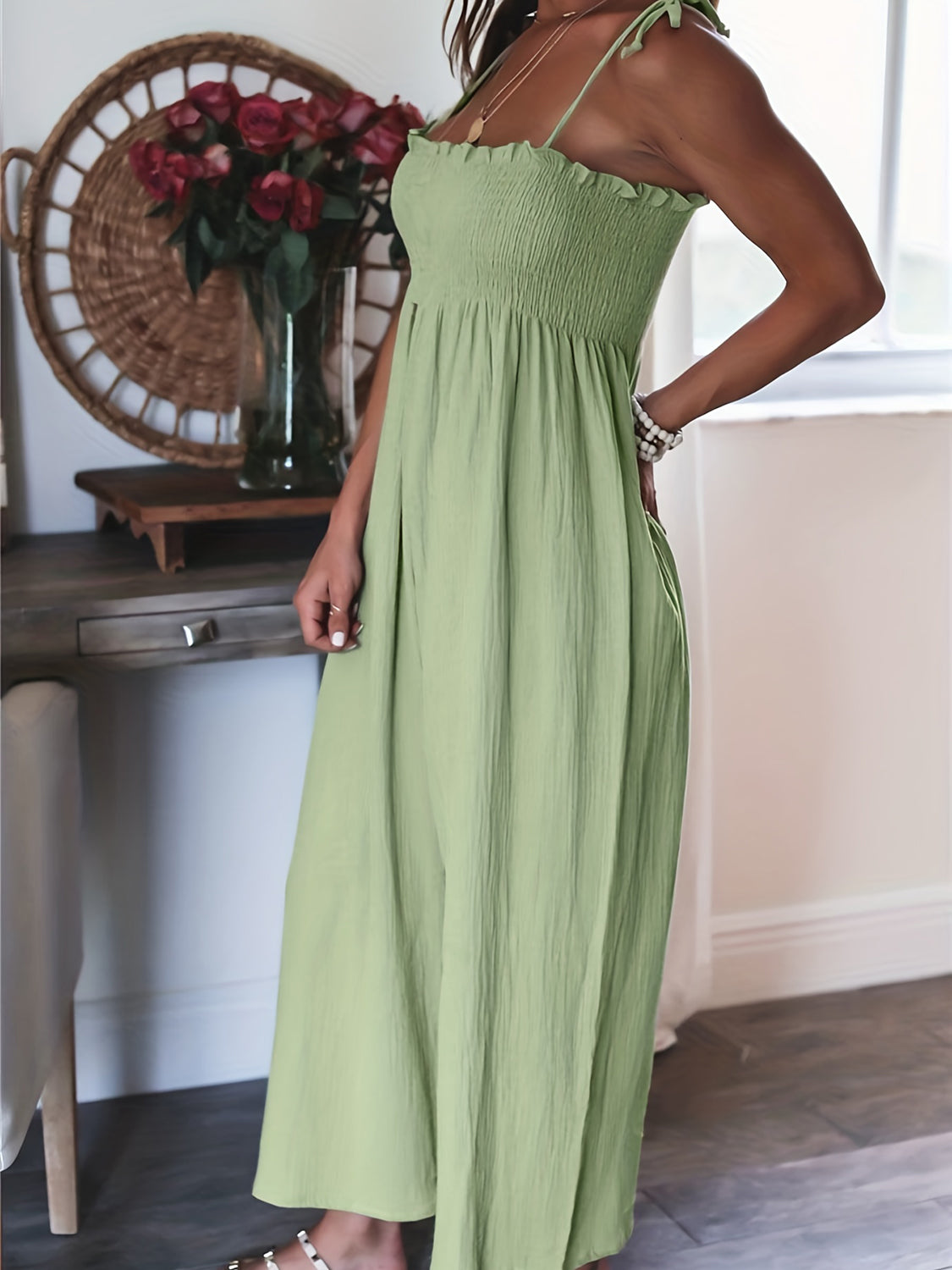 Smocked Spaghetti Strap Wide Leg Jumpsuit - MONLANE