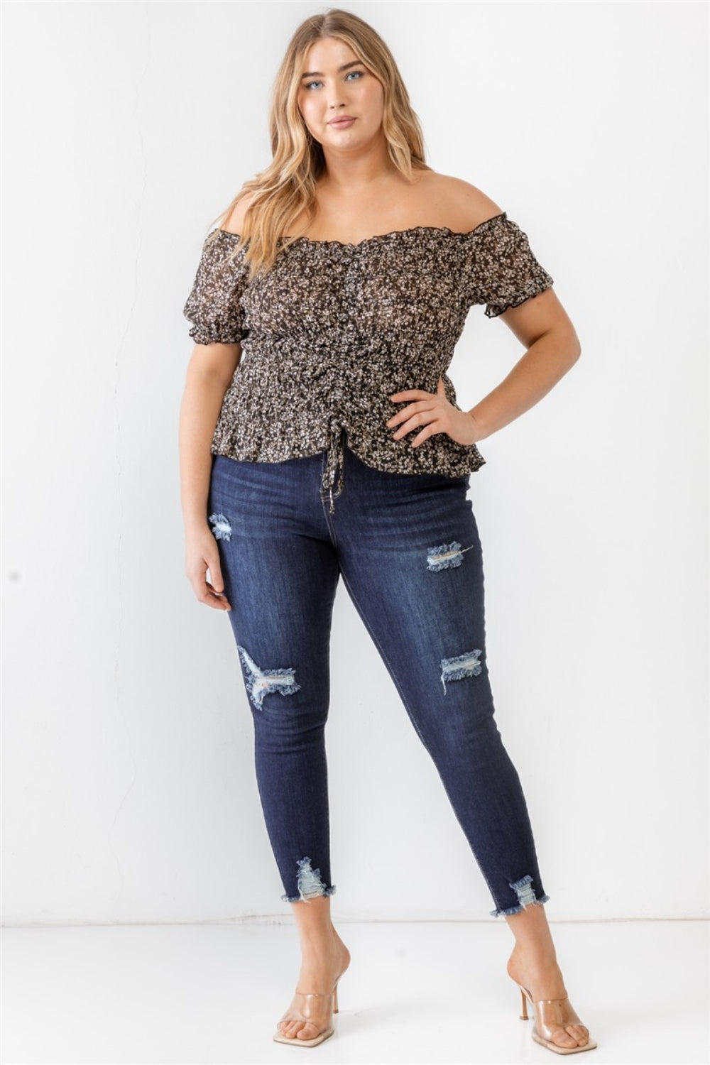 Frill Ruched Off-Shoulder Short Sleeve Blouse