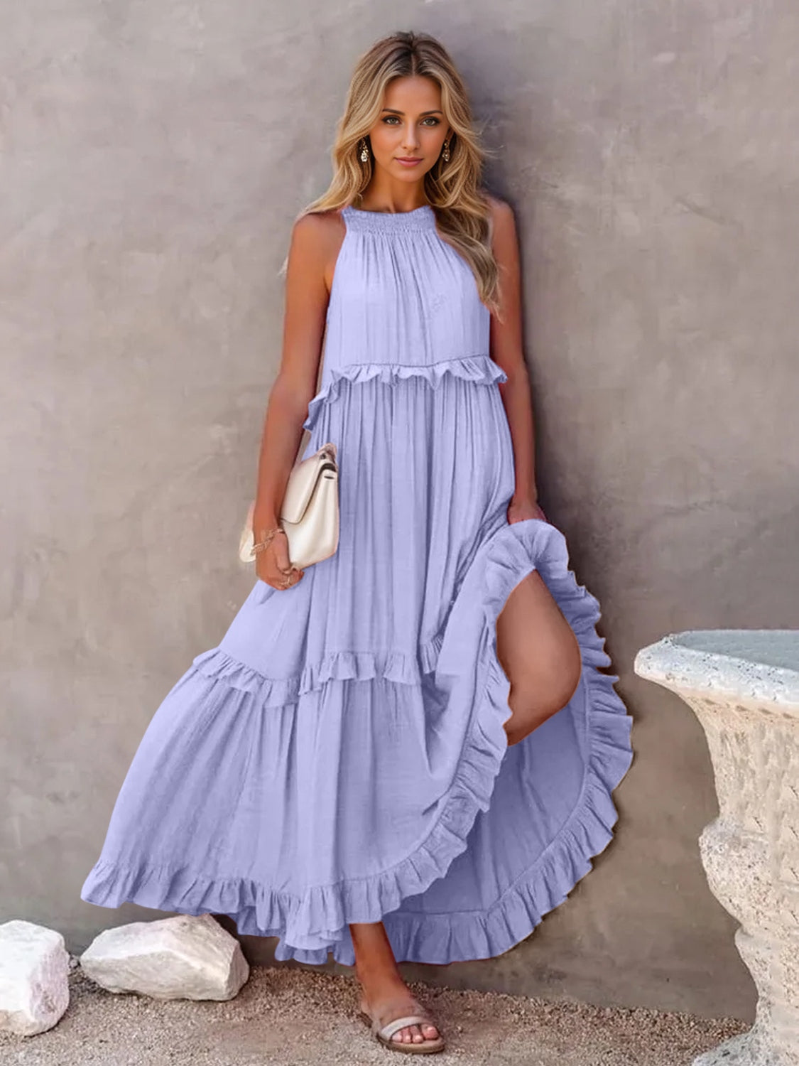 Ruffled Sleeveless Tiered Maxi Dress with Pockets - MONLANE
