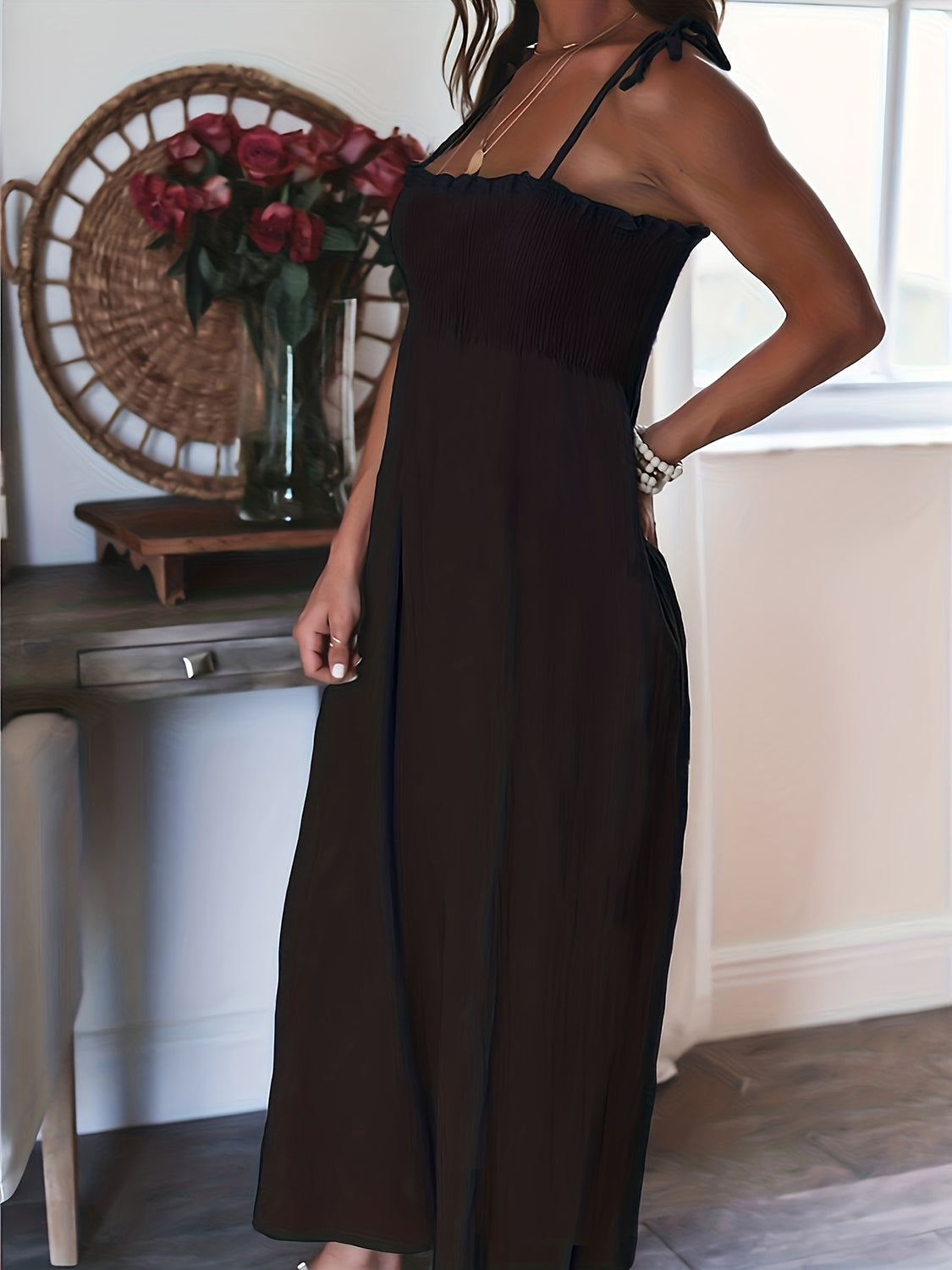 Smocked Spaghetti Strap Wide Leg Jumpsuit - MONLANE