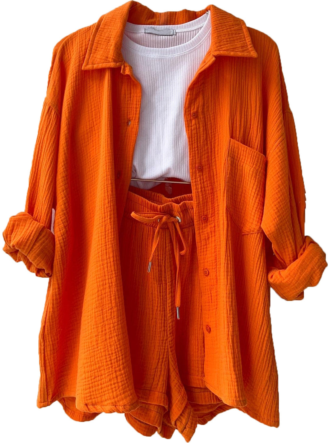 Texture Button Up Shirt and Drawstring Shorts Set - MONLANE