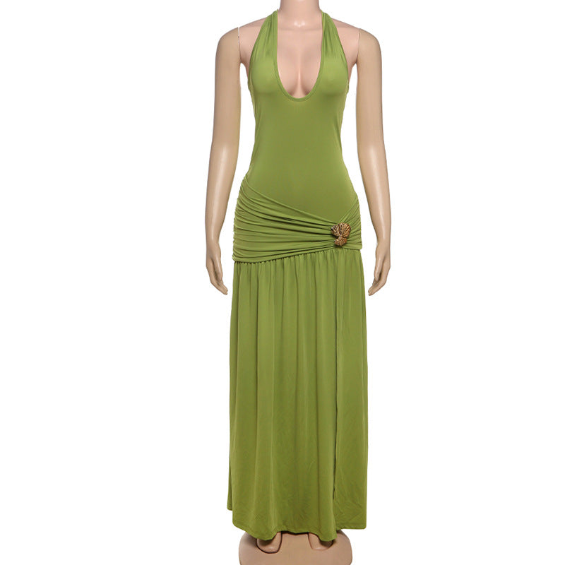 Backless Pleated Slit Dress